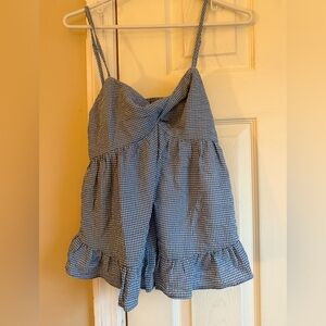 Blue Gingham Ruffle-Hem Spaghetti Strap Top